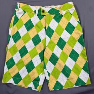 Loudmouth Golf Argyle‎ Shorts Mens 32 Green Yellow Plaid Cotton Stretch Golf
